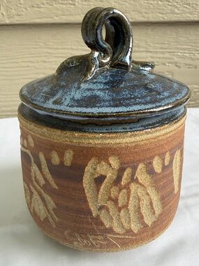 Vintage Studio Pottery Lidded Jar Bowl Blue & Brown Glaze Hand Thrown Signed